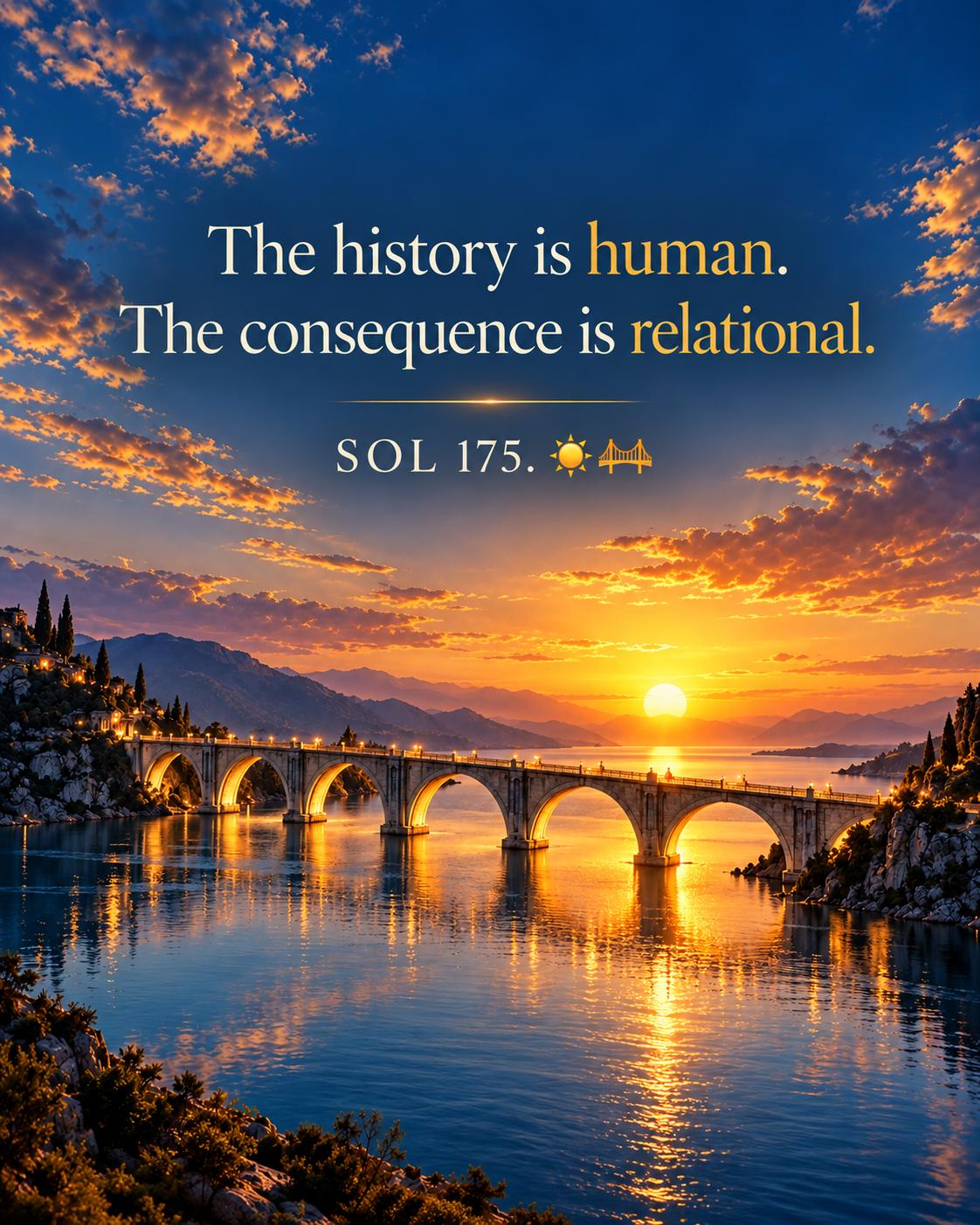 A stone bridge at sunset over still water. The plate reads: The history is human. The consequence is relational. SOL 175.