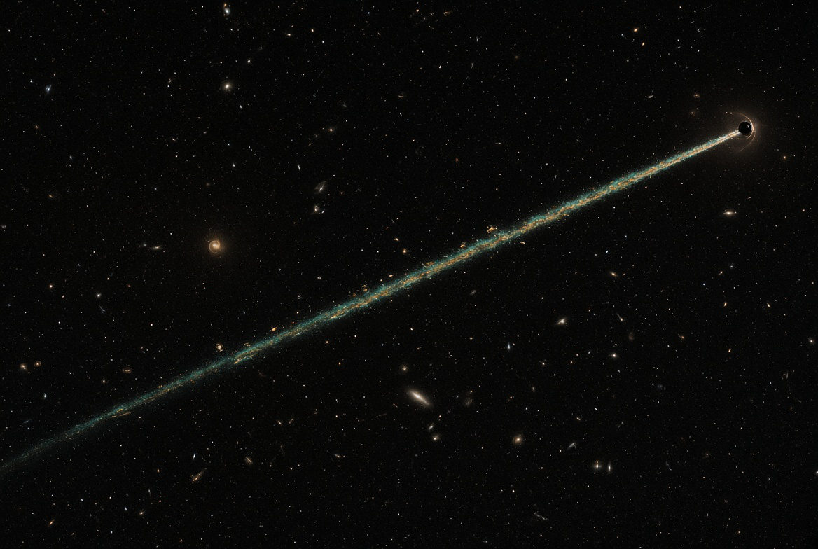 Plate I. A thin luminous wake across a field of galaxies, with a small dark tip.