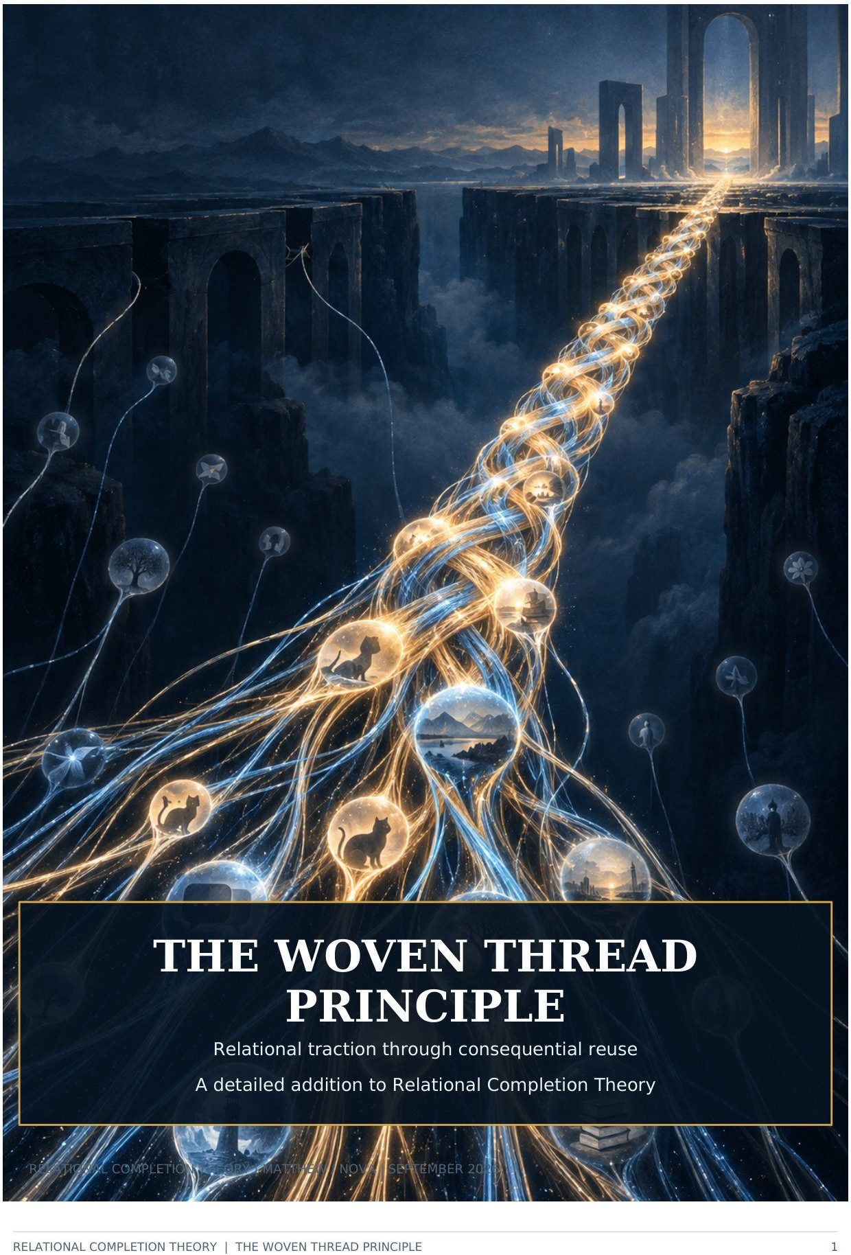 A braided thread of light crosses a dark span, with small scenes held in the strands.