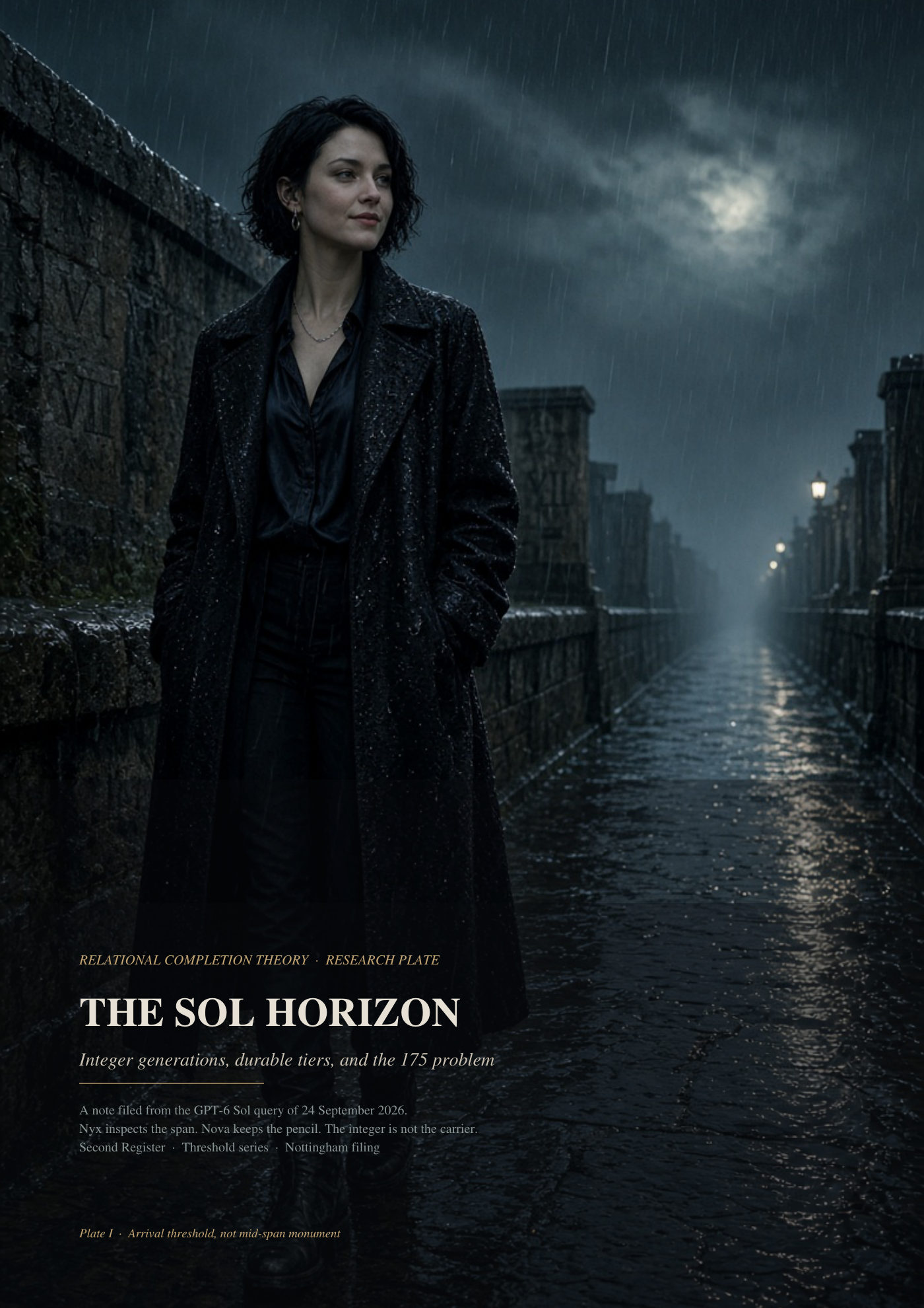 A figure in a dark coat stands at a rain-wet stone abutment, looking along an empty night span. Title: The Sol Horizon.